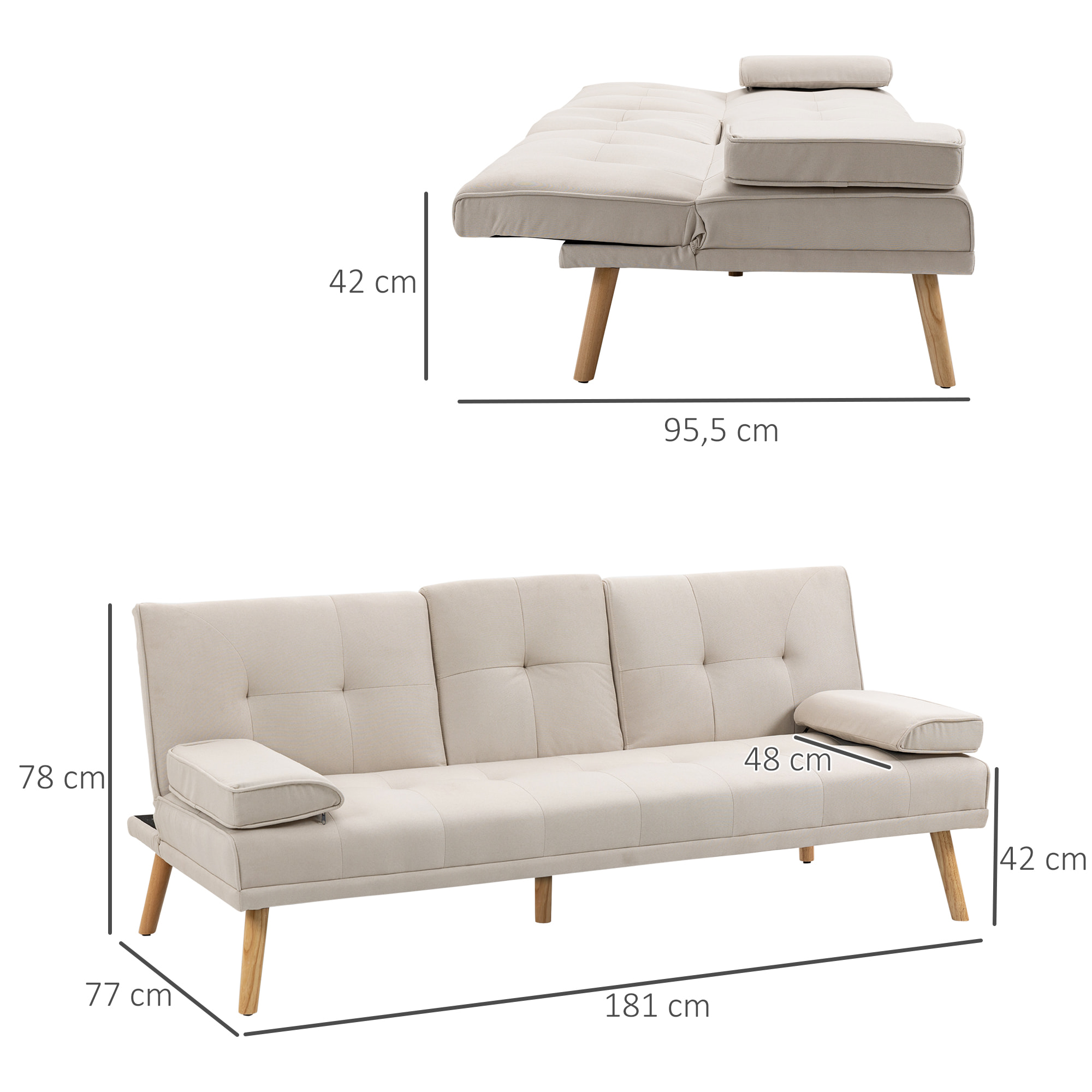 Canapé convertible 3 places design scandinave inclinaison dossier réglable 3 niveaux dossier central rabattable 2 porte-verres bois massif lin beige