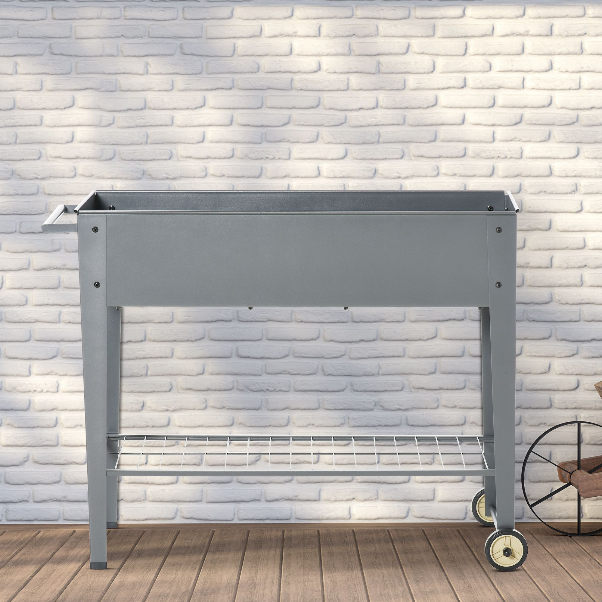 Jardinière sur pieds potager dim. 104L x 39l x 80H cm étagère 2 roues + insert d'irrigation métal gris