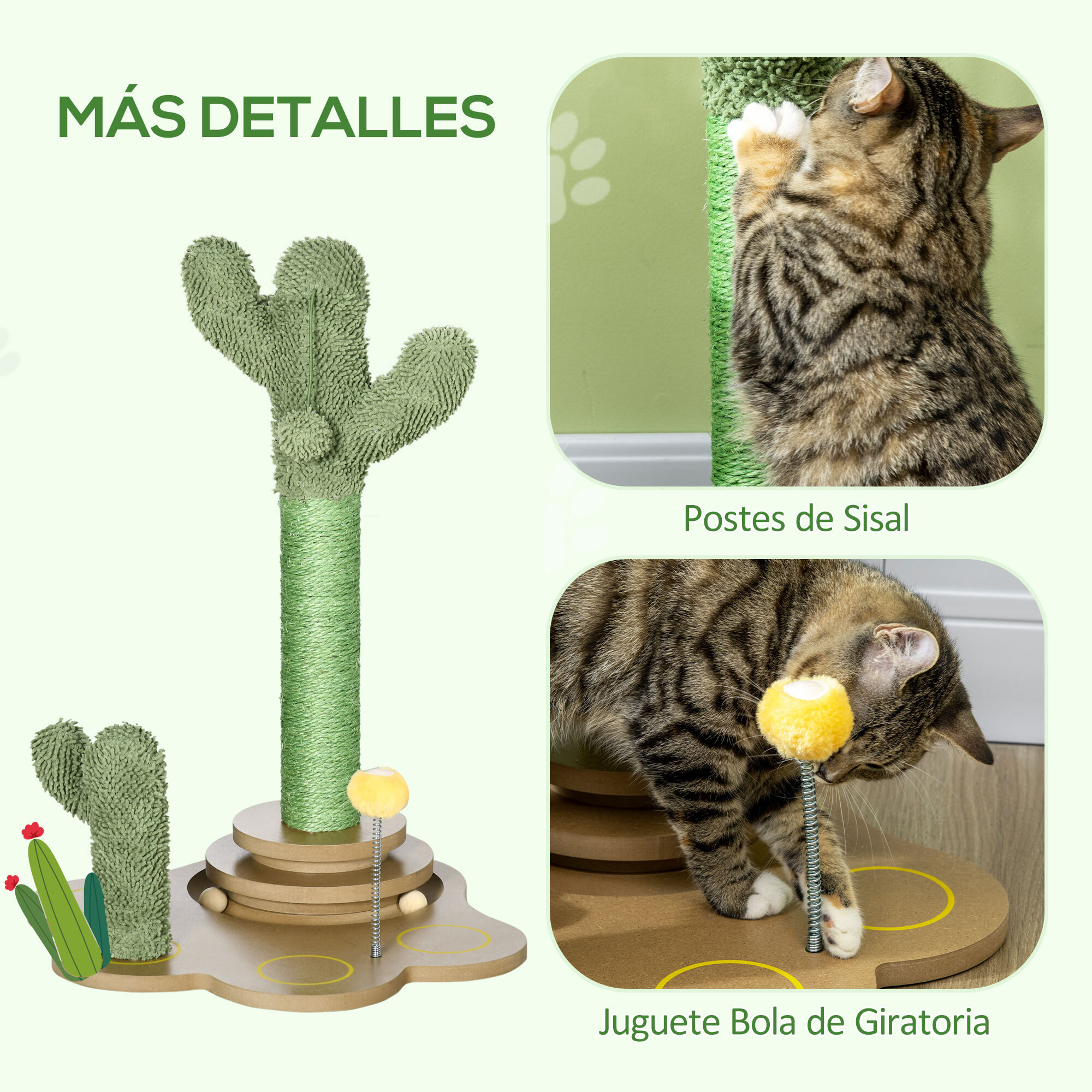 Árbol Rascador para Gatos Pequeños con Postes de Cactus Altura 60 cm Torre para Gatos de Chenilla con Juguetes de Pelotas 46x43x60 cm Verde