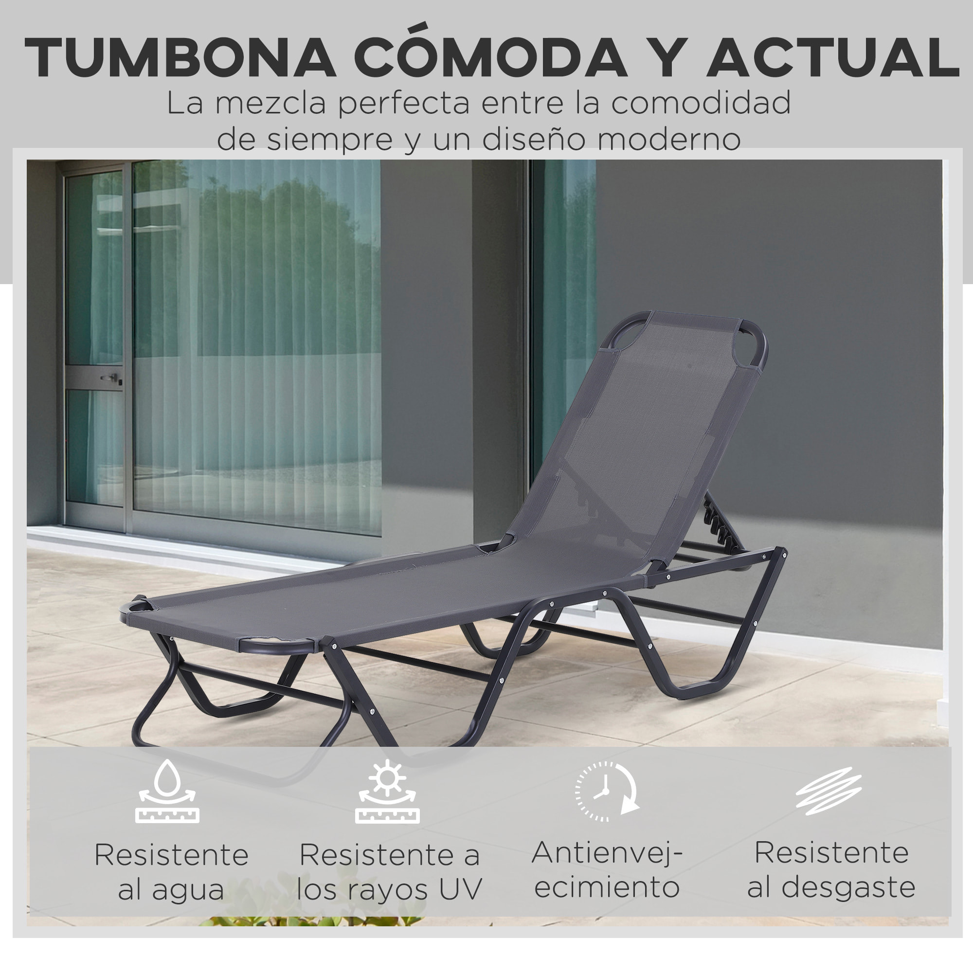 Tumbona de Jardín con Respaldo Ajustable en 5 Posiciones Aluminio Exterior Gris