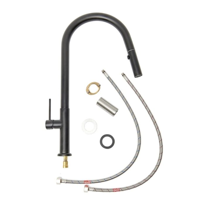 Set mitigeur lavabo + mitigeur monocommande cuisine avec douchette extractible 2 jets, noir mat (SATBSBW288C)