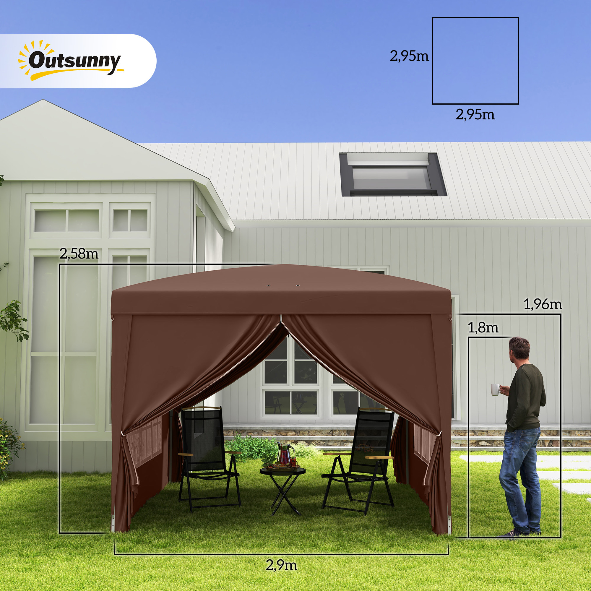 Carpa Plegable Pop-up Gazebo 3x3 m Cenador Plegable con 4 Paredes Laterales Anti-UV y Bolsa de Transporte para Camping Fiestas Café