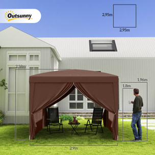 Carpa Plegable Pop-up Gazebo 3x3 m Cenador Plegable con 4 Paredes Laterales Anti-UV y Bolsa de Transporte para Camping Fiestas Café