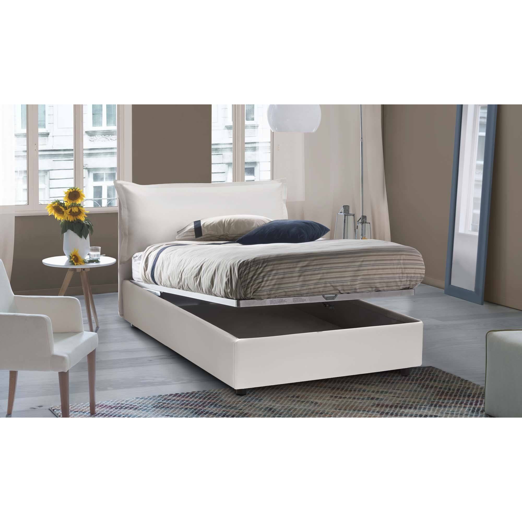 Letto piazza e mezza Latona, Letto contenitore con rivestimento in ecopelle, 100% Made in Italy, Apertura frontale, adatto per materasso Cm 120x190, Bianco