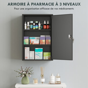 Armoire à pharmacie 2 étagères 3 niveaux verrouillable dim. 40L x 18l x 60H cm 2 clés métal noir