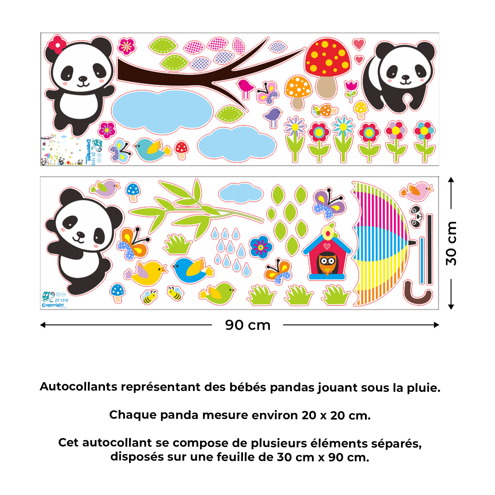 Stickers Muraux décoration adhésifs bébés pandas jouant sous la pluie