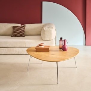 Table basse triangulaire pieds chromé et décor bois EZIA
