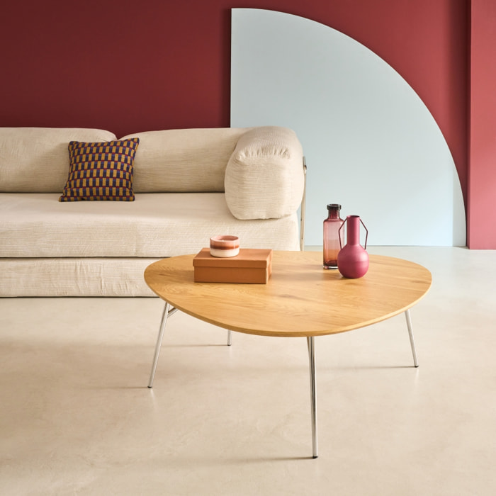 Table basse triangulaire pieds chromé et décor bois EZIA