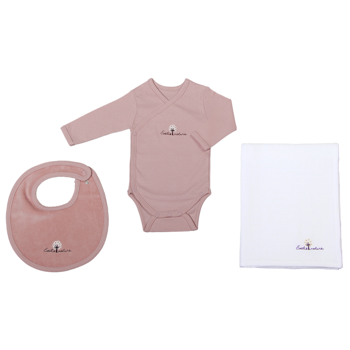 Set Body/Bavoir/Lange 3 mois Coton bio Bois de rose