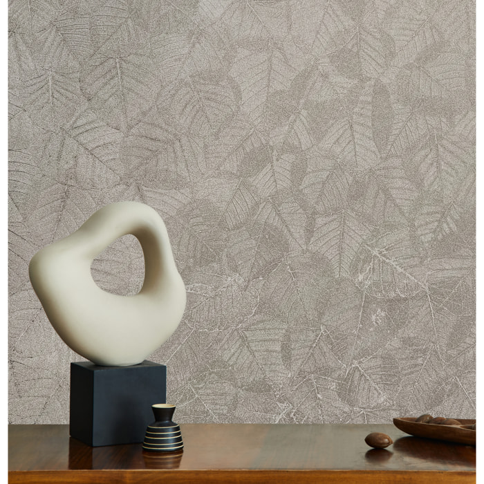 Papier peint feuillage texturé gris argenté