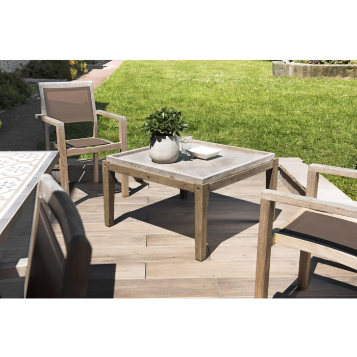 HANS - Table basse de jardin carrée béton 83x83 cm pieds en bois Acacia