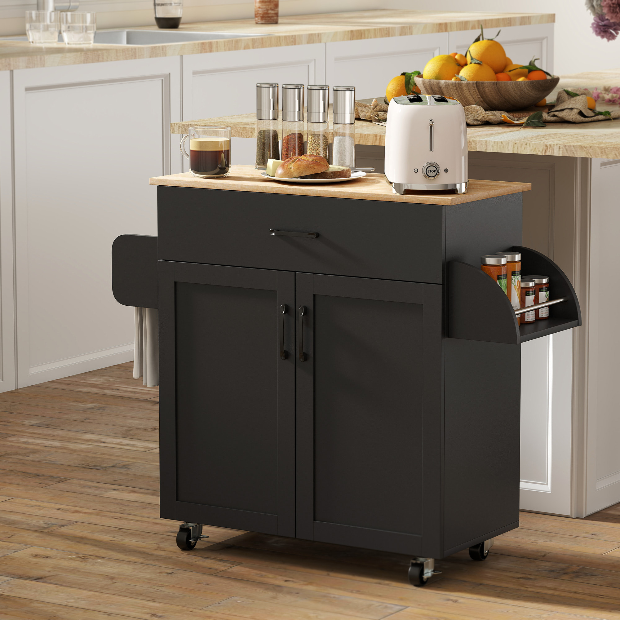 Desserte de cuisine 2 portes avec étagère tiroir coulissant porte-torchons étagère épices noir aspect chêne clair