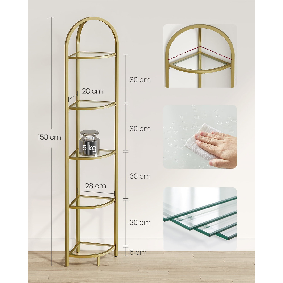 Scaffale angolare di design a arco in oro e vetro
