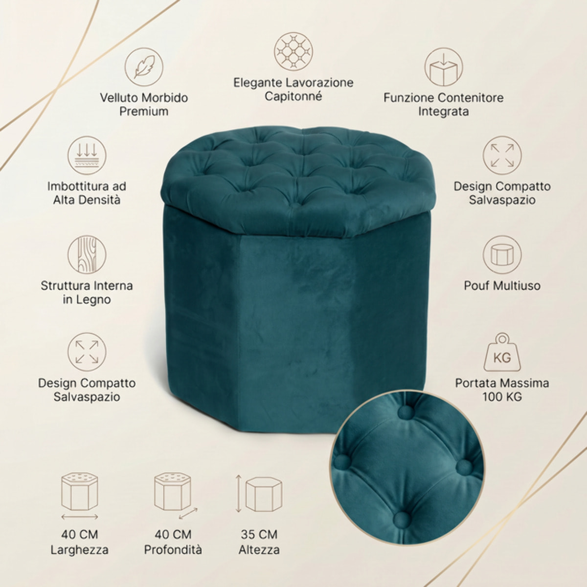 Pouf contenitore ottagonale in velluto - PETROLIO