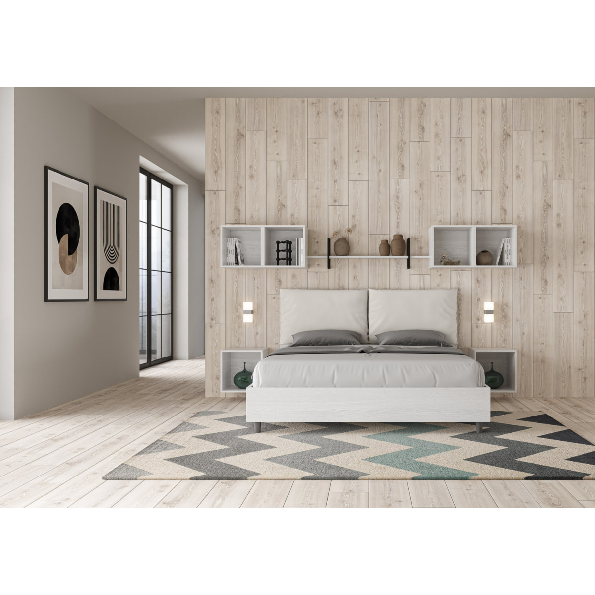 Lit sans sommier 160x190 avec coussins similicuir blanc Egos Antea