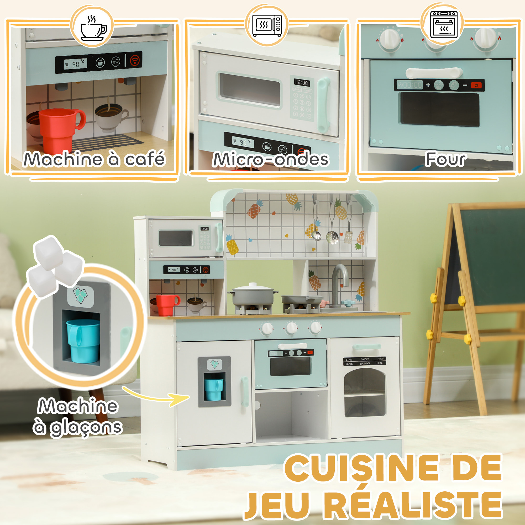 Cuisine en bois enfant effets sonores & lumineux micro-ondes lave-vaisselle four nombreux rangements accessoires