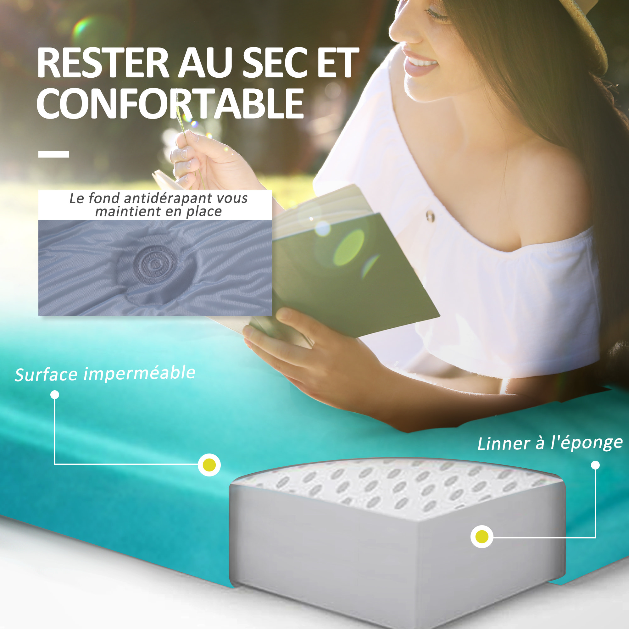 Matelas de camping 2 places autogonflant avec oreillers et sac de transport turquoise marron