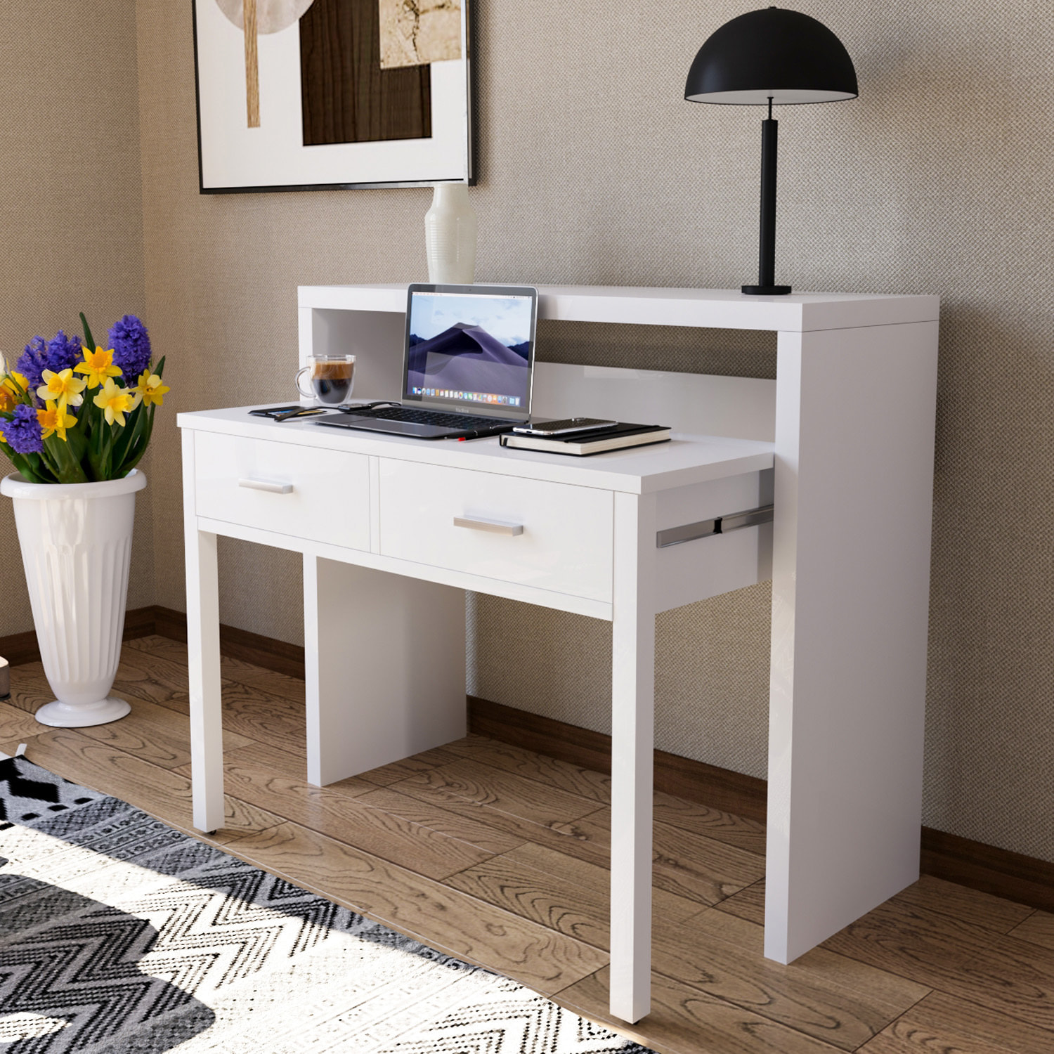 Scrivania Allungabile Con 2 Cassetti Scrittoio Ufficio Cameretta Salvaspazio Estensibile Design Arredo Casa 98.5 x 36 x 87.5 cm Bianco