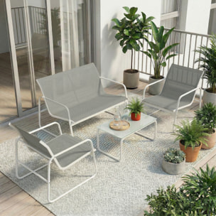 Conjunto Jardín Exterior de 4 Piezas, Muebles Jardín Exterior con Sofá de 2 Plazas, 2 Sillones, Mesa de Vidrio Templado, Tela de Textilene Transpirable, Estructura de Acero, Gris Claro