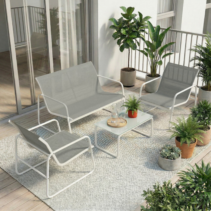 Conjunto Jardín Exterior de 4 Piezas, Muebles Jardín Exterior con Sofá de 2 Plazas, 2 Sillones, Mesa de Vidrio Templado, Tela de Textilene Transpirable, Estructura de Acero, Gris Claro
