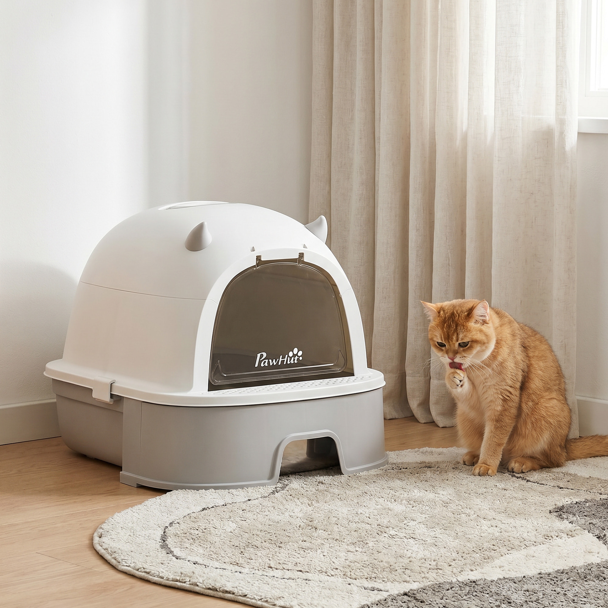 Arenero para Gatos, L, Caja de Arena para Gatos con Tapa Extraíble y Bandeja de Acero Inoxidable Extraíble, Pala, Filtros de Carbón, Fácil de Limpiar, Antifugas, Control de Olores, Gris