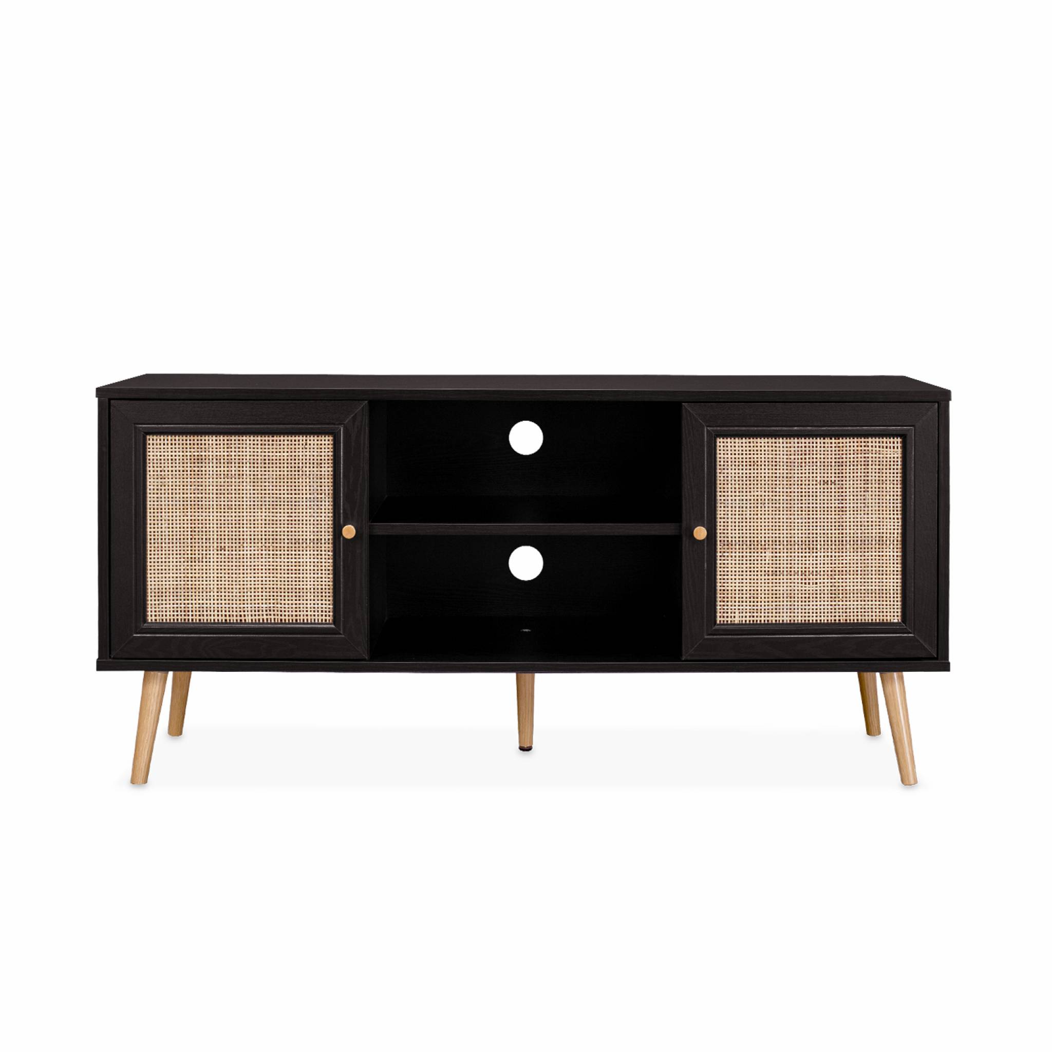Meuble TV en cannage 120x39x56.5cm -  Bohème - Noir. 2 niveaux. 2 étagères. 2 portes. pieds scandinaves