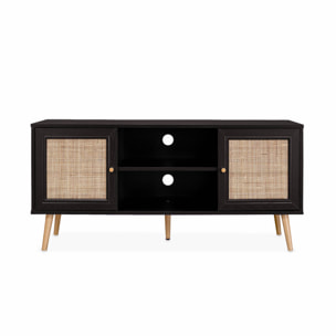 Meuble TV en cannage 120x39x56.5cm -  Bohème - Noir. 2 niveaux. 2 étagères. 2 portes. pieds scandinaves