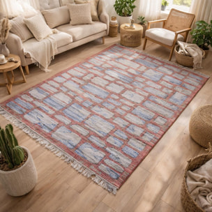 Tapis Kilim tissé à la main en jute aux motifs géométrique lie de vin et bleu ciel