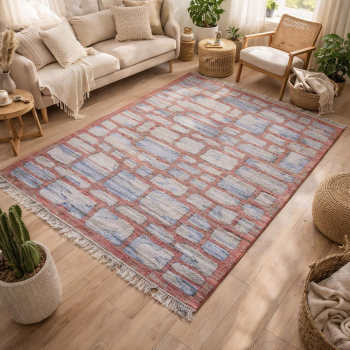 Tapis Kilim tissé à la main en jute aux motifs géométrique lie de vin et bleu ciel