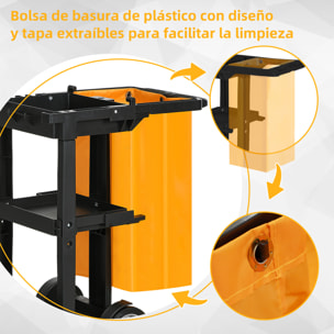 Carro de Limpieza con Bolsa Carro de Servicio con Ruedas y 3 Estantes Carro para Limpieza para Hotel Hostal 121x50,5x96,5 cm Negro y Amarillo