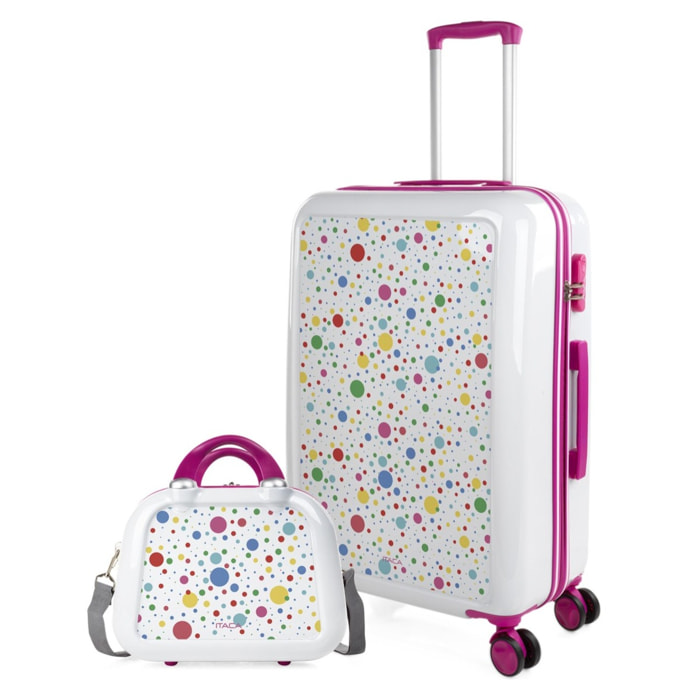 Juego De Maletas Pc Itaca Base Blanco/Fucsia Blanco Dots