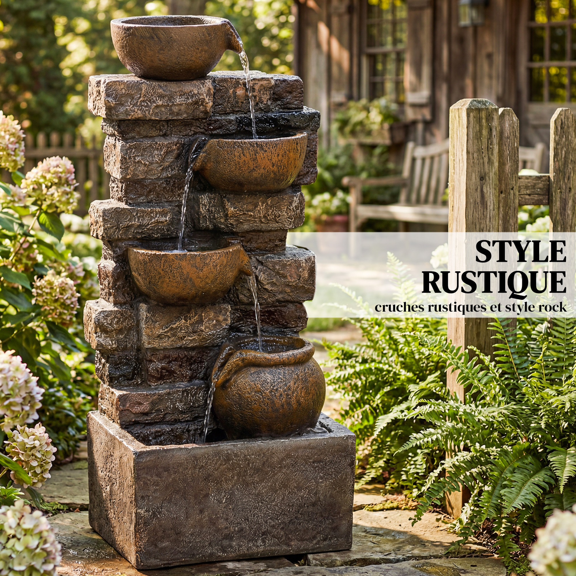 Fontaine extérieure cascade 5 niveaux pichets led résine marron vieilli