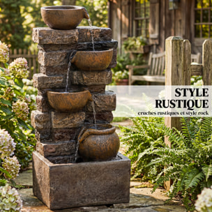 Fontaine extérieure cascade 5 niveaux pichets led résine marron vieilli