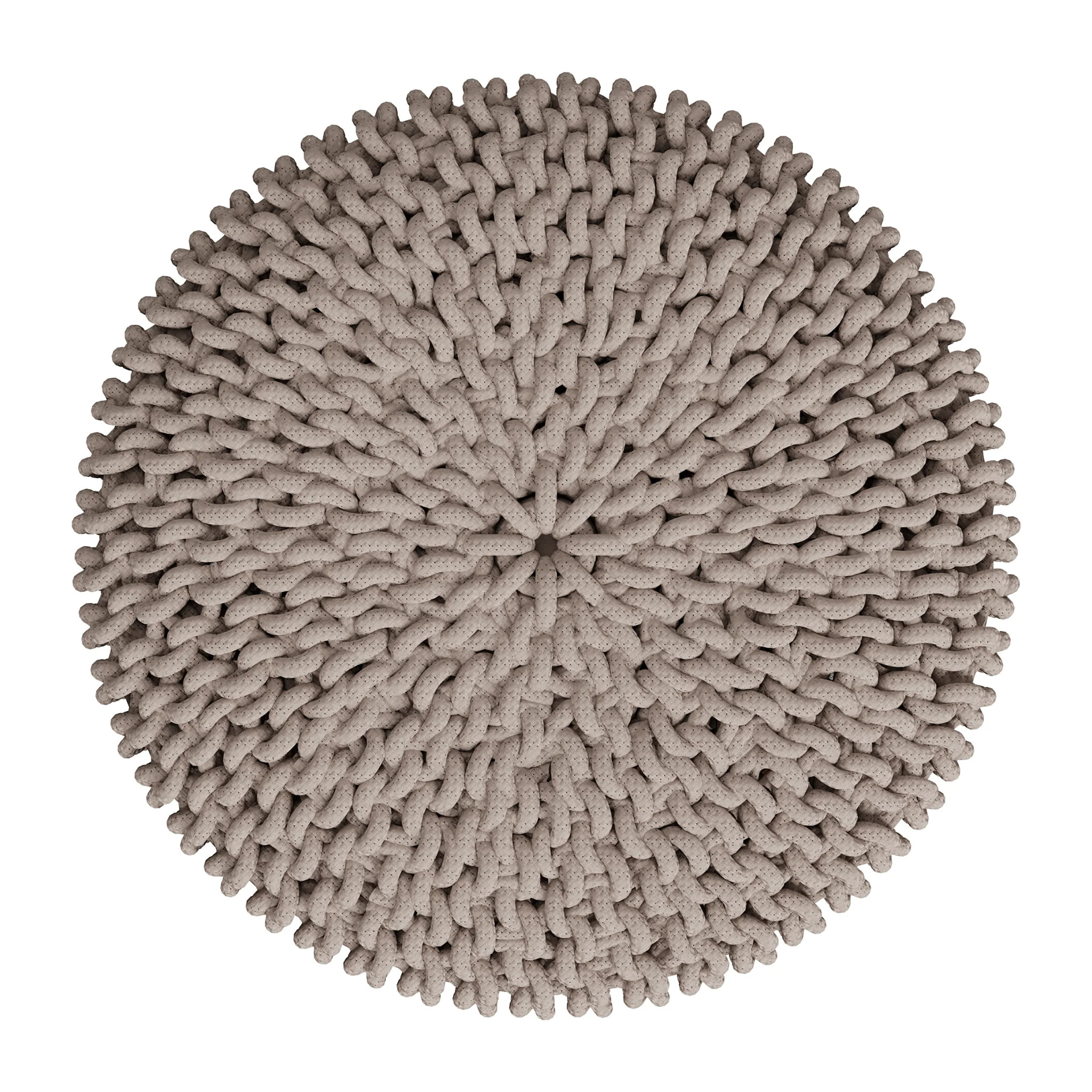 Petit tabouret rond en tricot coton gris clair et pieds en bois - Lisa