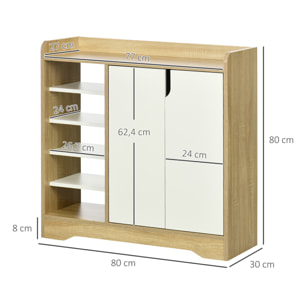 Mueble Zapatero Moderno Zapatero Estrecho con 2 Puertas Estantes de Almacenamiento para 13 Pares de Zapatos para Entrada Pasillo 80x30x80 cm Natural y Blanco