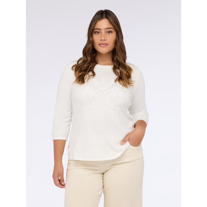 Fiorella Rubino - Camiseta de jersey con bordado tono sobre tono mangas tres cuartos - Blanco