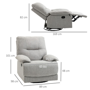 Fauteuil de relaxation grand confort pivotant 360° dossier inclinable repose-pied ajustable tissu gris clair