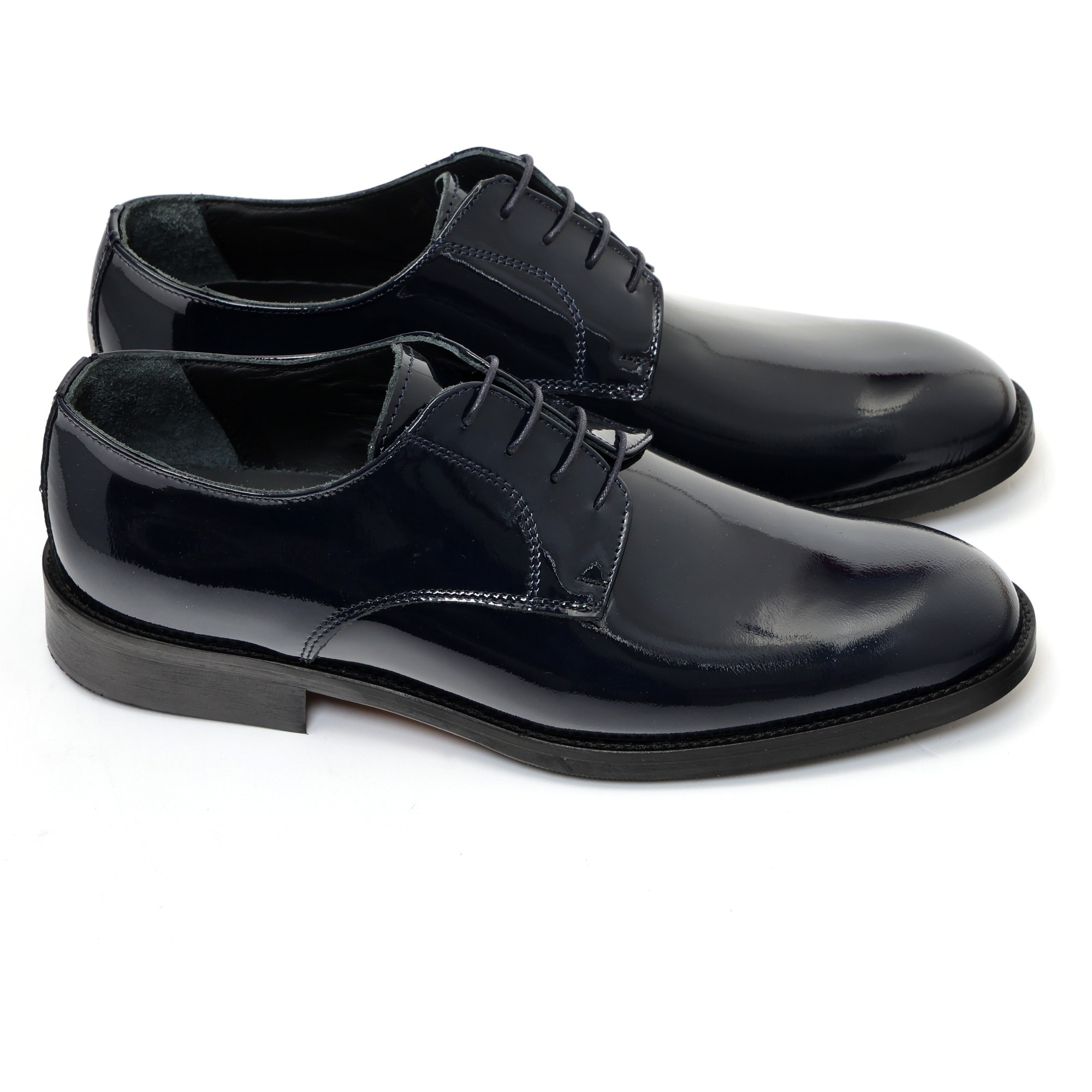 Derby stringate in pelle verniciata con fondo cuoio antiscivolo Blu