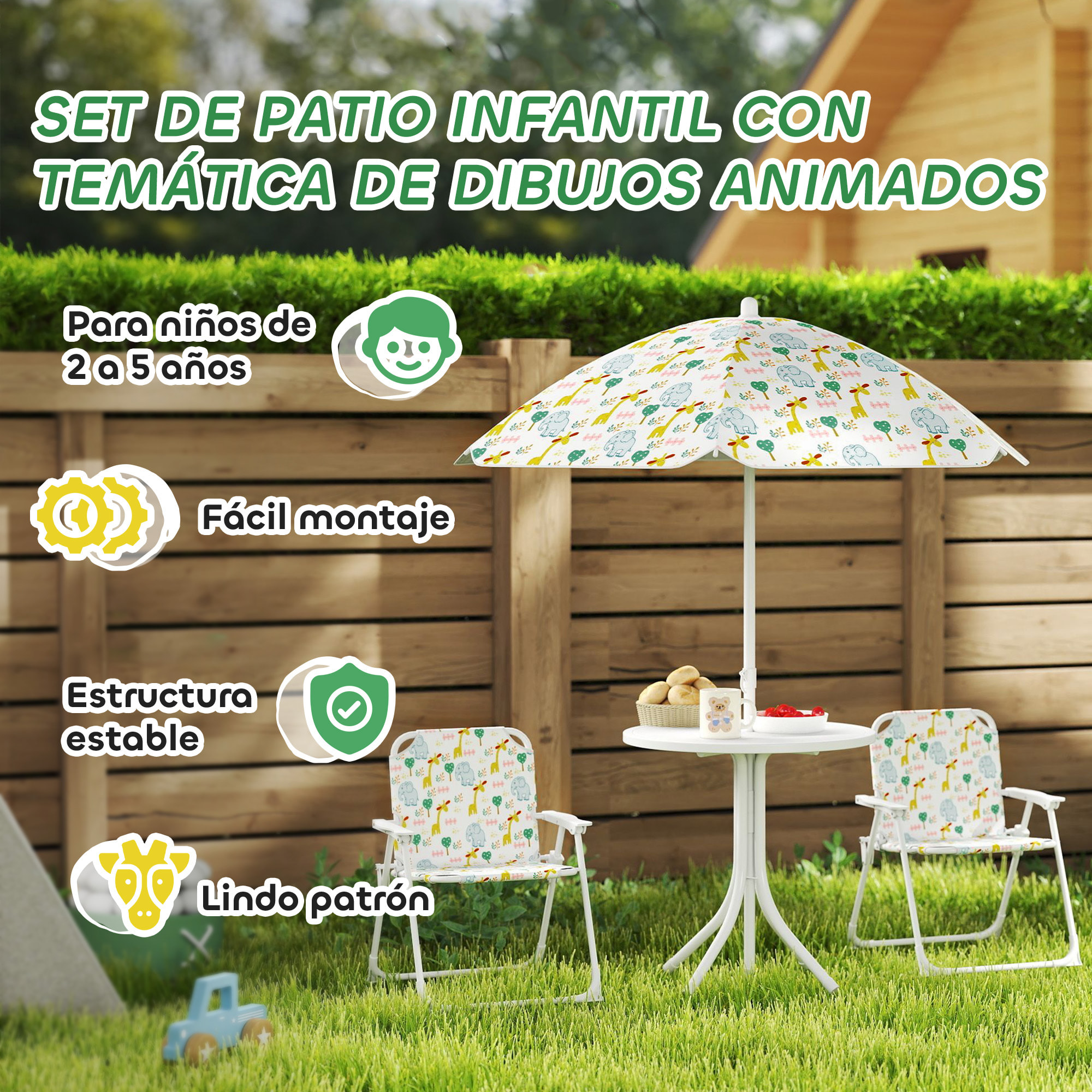 Conjunto de Mesa y Sillas Infantil de Jardín de 4 Piezas, Mesa Infantil con Sillas Plegables, Sombrilla Ajustable, Diseño de Elefantes y Jirafas, para Patio, Pícnic, Blanco