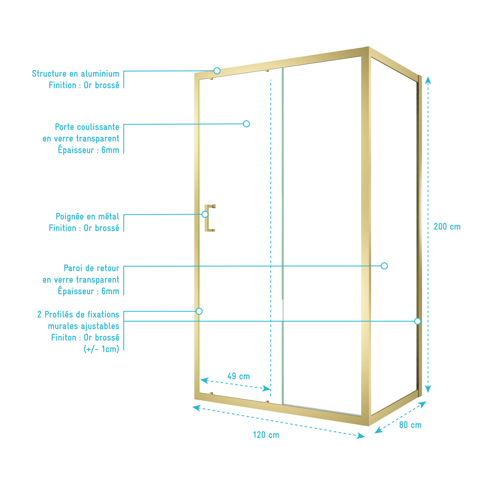 Pack Porte de Douche Coulissante 120x200cm et Retour 80cm - Profilés Or Doré Brossé - Verre 6mm