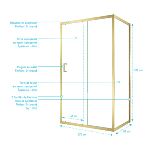 Pack Porte de Douche Coulissante 120x200cm et Retour 80cm - Profilés Or Doré Brossé - Verre 6mm