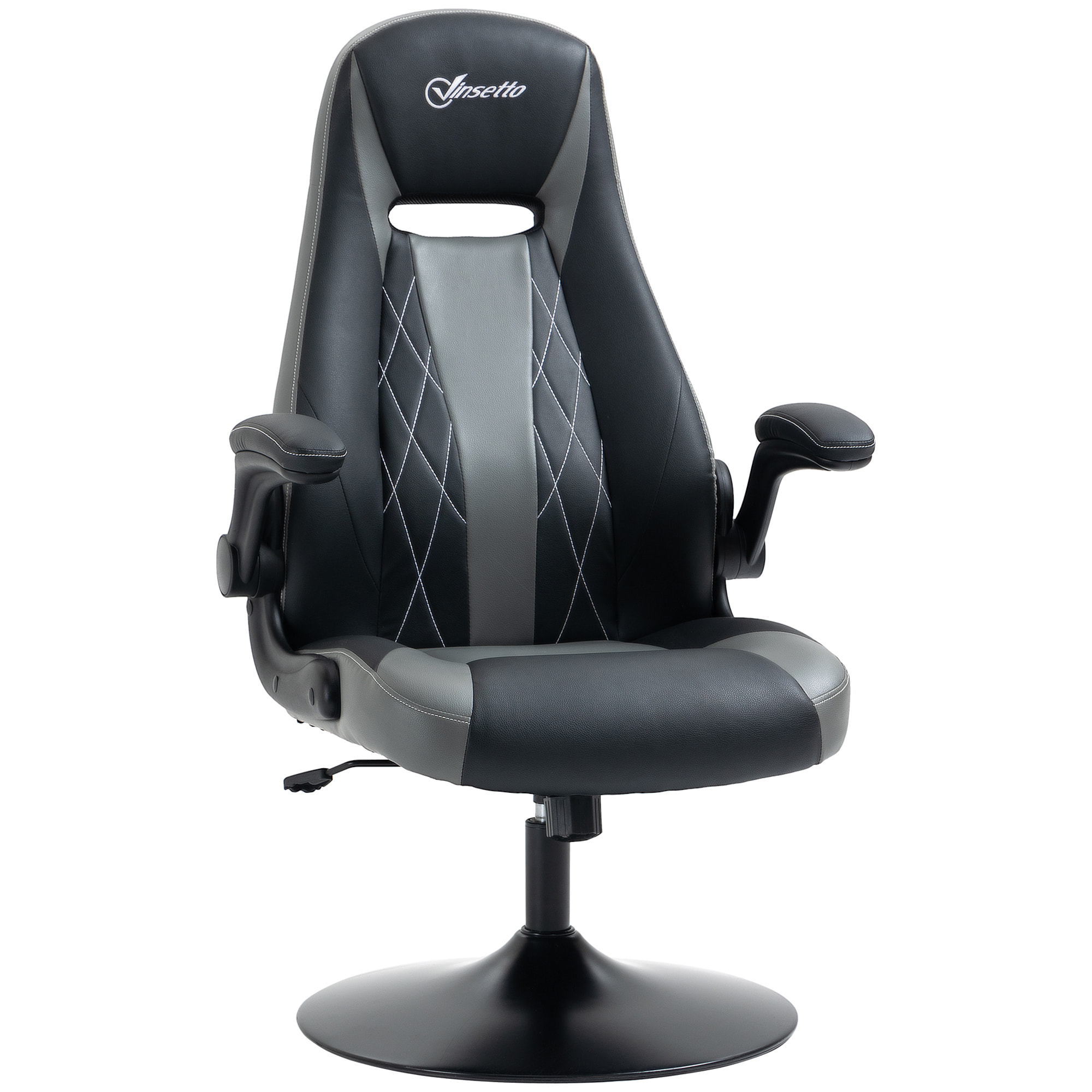 Fauteuil gaming base ronde métal pivotante 360° hauteur réglable fonction dossier bascule accoudoirs relevables PU gris noir