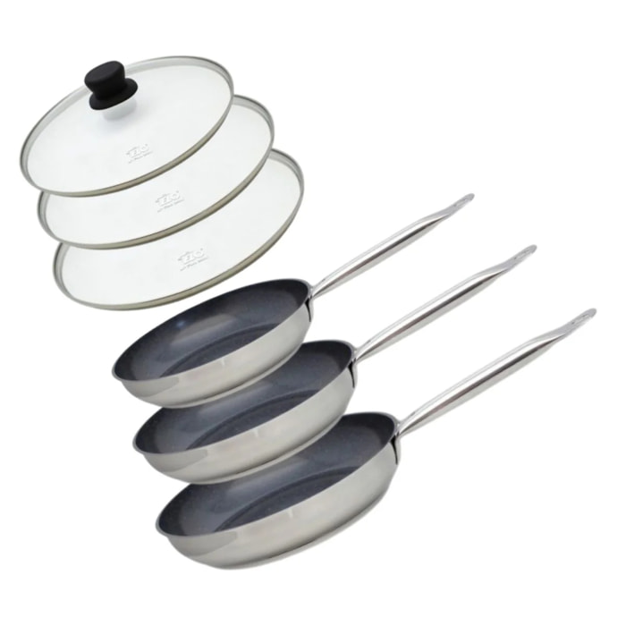 Set de 3 Poêles 24, 28 et 32 cm céramique sans PFAS et 3 couvercles Profi Therm Platinum Elo
