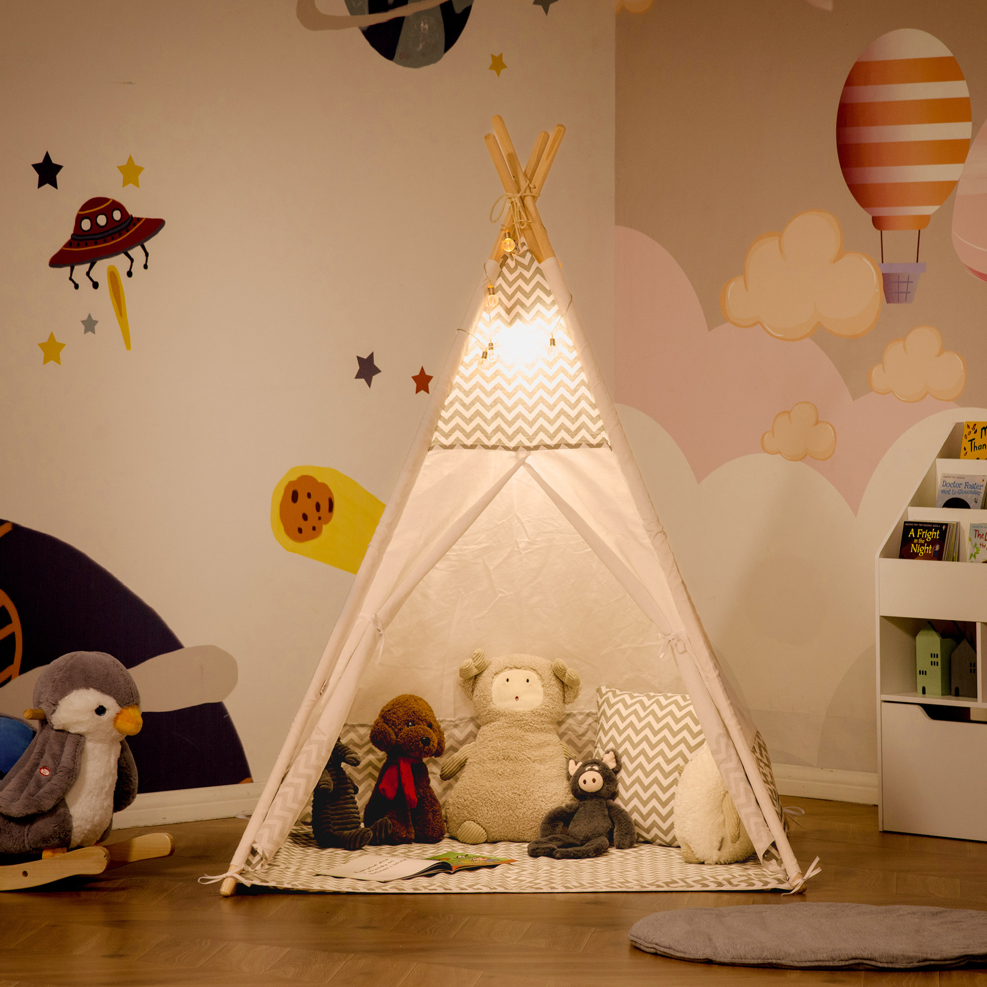 Tente teepee indien enfant style graphique - dim. 1,2L x 1,2I x 1,55H m - porte refermable, fenêtre, tapis, coussin, sac transport inclus - structure bois, toile polyester coton gris blanc