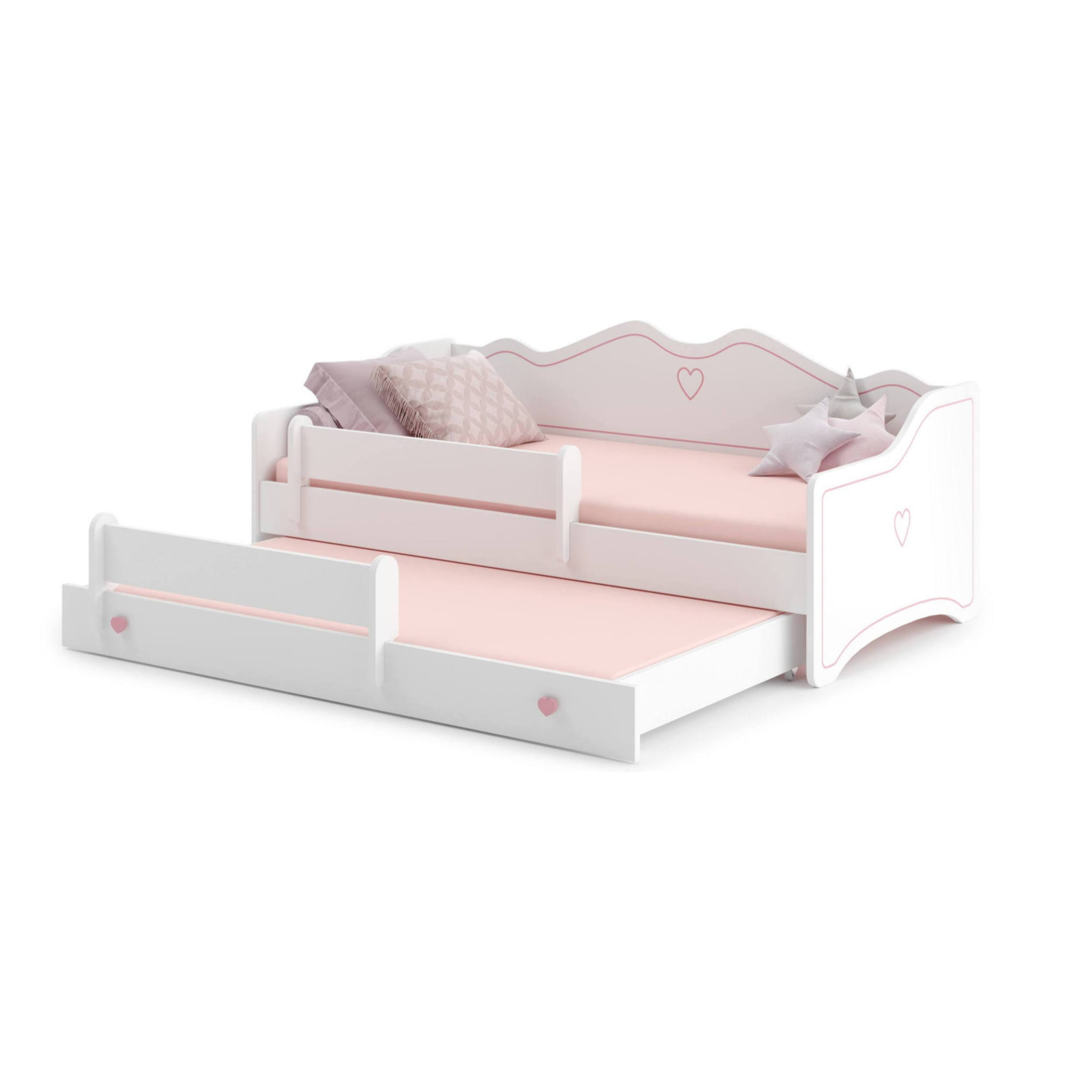 Letto singolo per bambini, Divano letto con secondo lettino estraibile, Lettino con decorazione con protezione anticaduta, cm 164x88h70, colore Bianco e Rosa