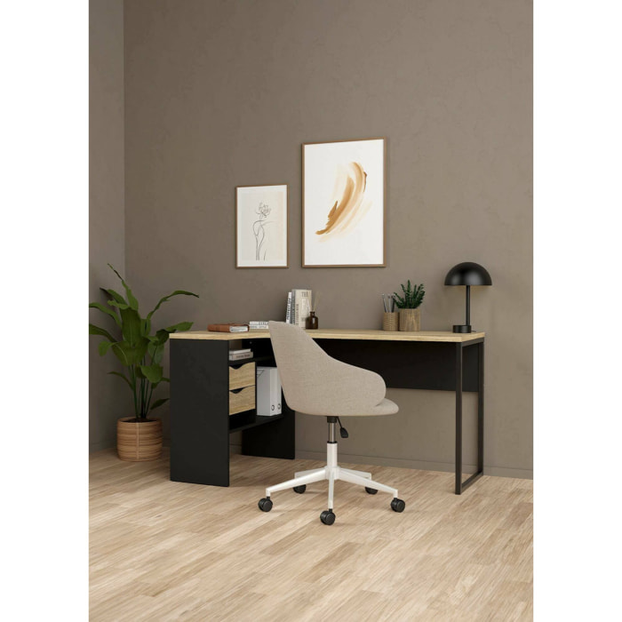 Scrivania Moire, Scrittoio multiuso, Tavolo per ufficio porta PC, Piano di lavoro, 145x81 h77 cm, Nero e Quercia