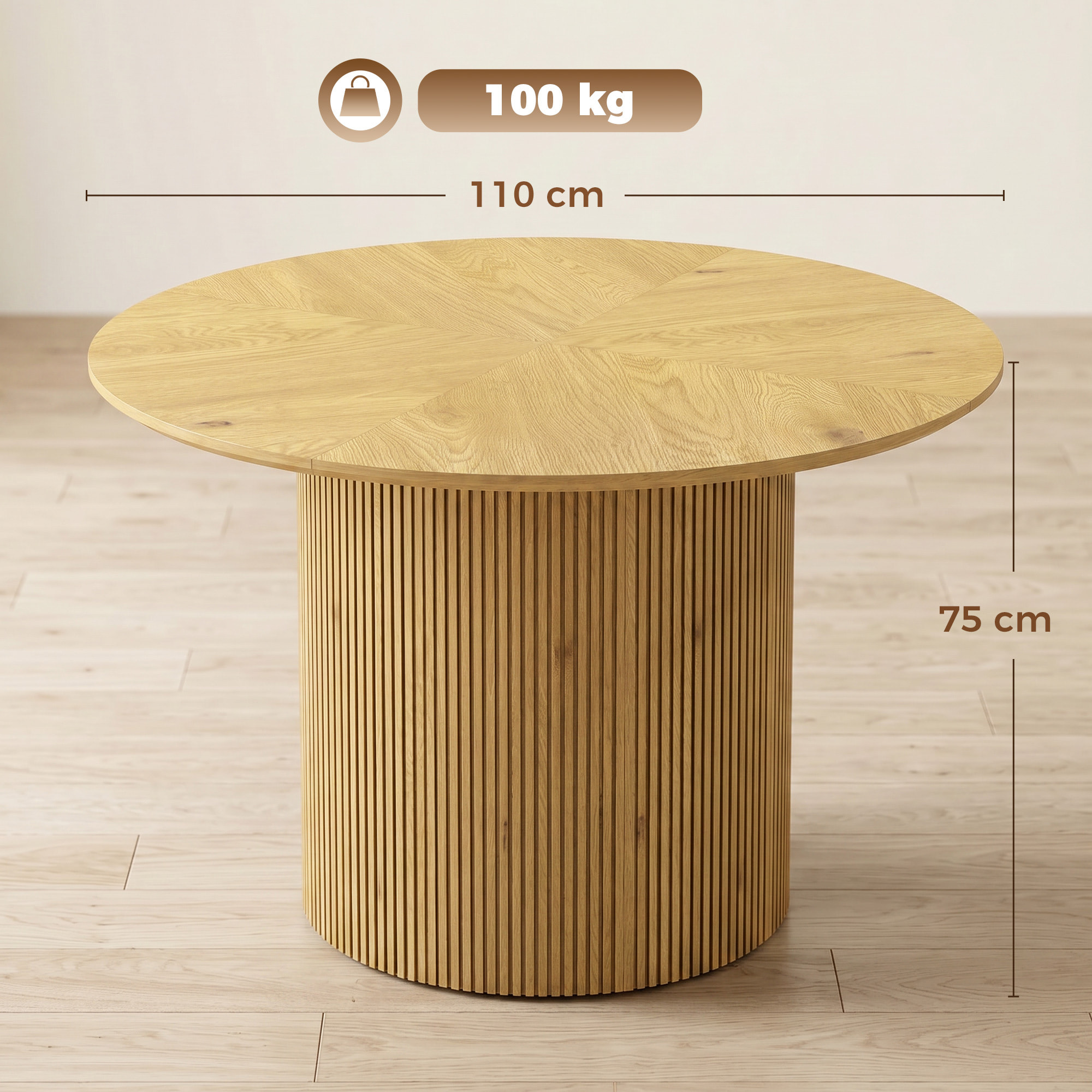 Mesa de Comedor Redonda, Mesa de Cocina para 4-6 Personas con Base Cilíndrica Acanalada, Marco Metálico, para Sala de Estar, Carga 100 kg, Ø110x75 cm, Roble