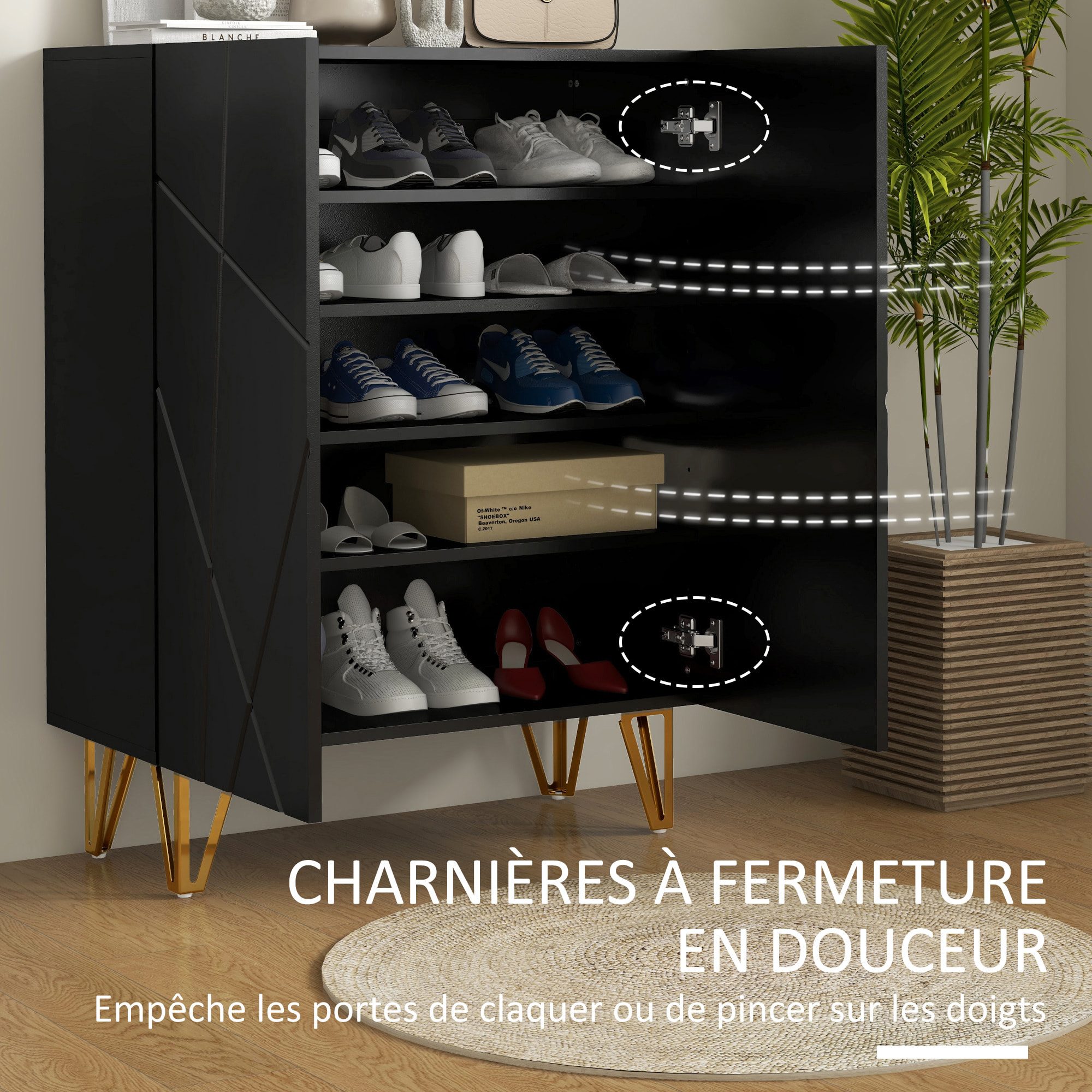 Meuble à chaussures style Art déco 2 portes 5 niveaux piètement épingle acier doré façade laquée noir