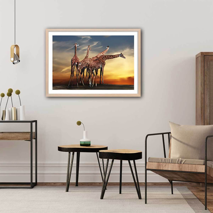 Affiche animaux girafes meeting Affiche + cadre en bois - Chêne