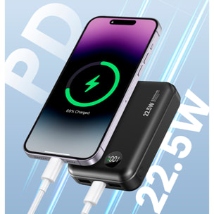 Powerbank 20.000mAh con carga rápida PD22,5W, cable USB-C integrado. Pantalla led de carga.